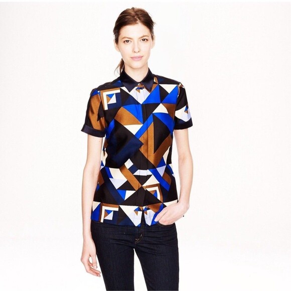 J.CREW COLLECTION Wool-silk cubist Size 10 geometric print blue top Jenna Lyons - Picture 1 of 9